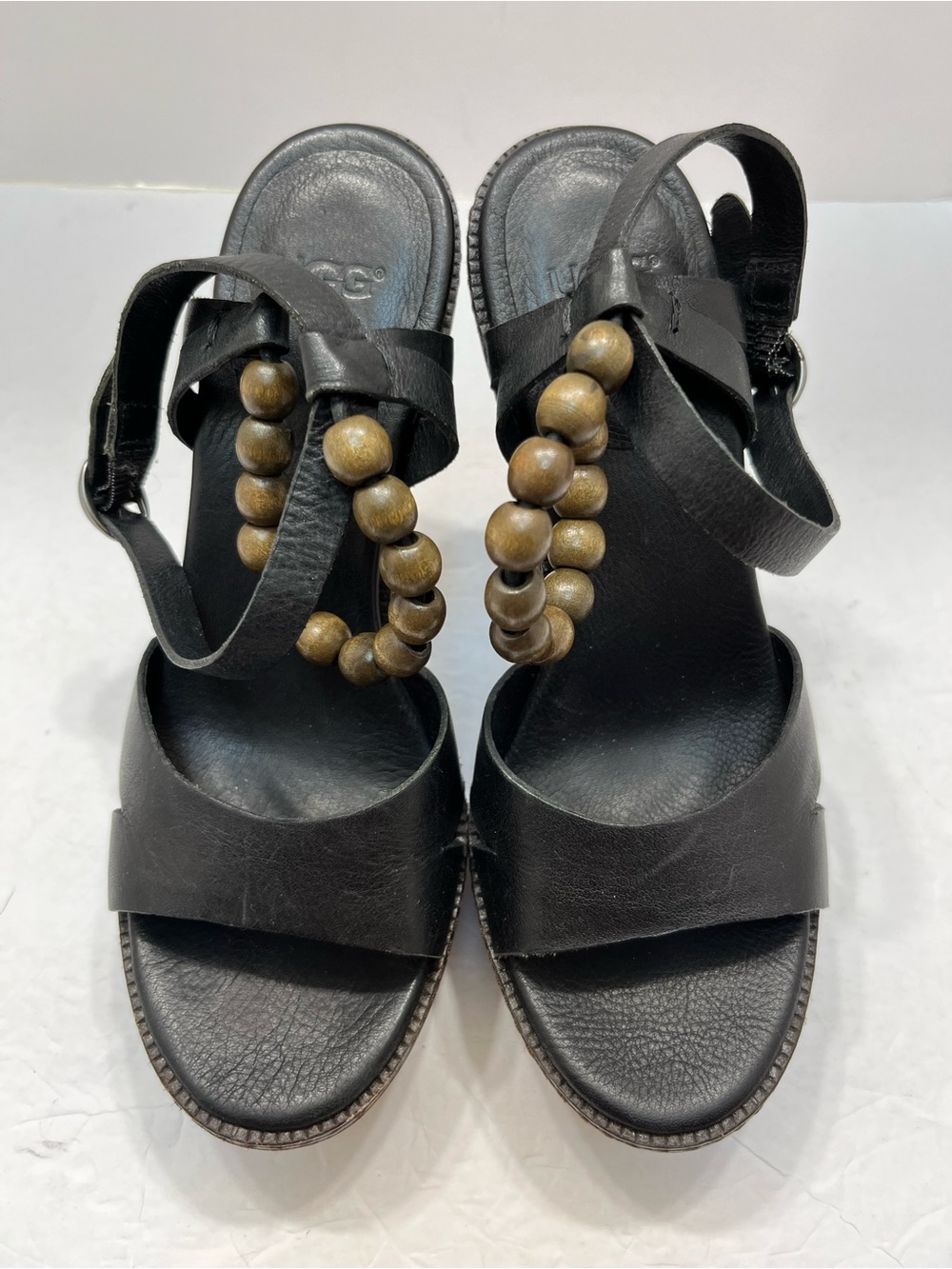 UGG Naima Black Leather Wood Platform Beaded Sandals Sz 5
